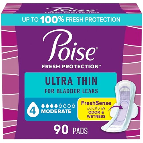 Poise Ultra Thin Incontinence Postpartum Pads with Wings for Bladder Leaks 4 Drop Moderate Absorbency Regular Length 90 Count Packaging May Vary